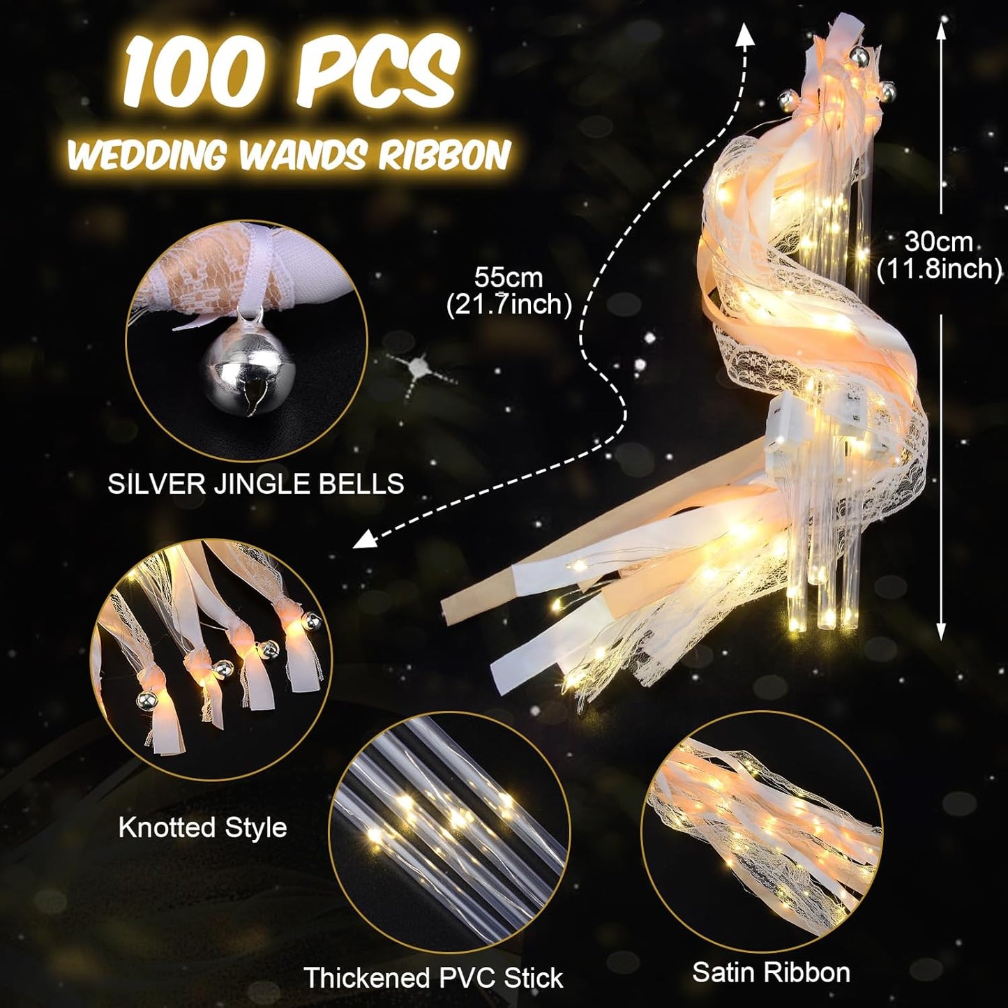 100 PCS Wedding Wands with Lights,Fairy Wands, LED Silk Fairy Wand with Bells for Wedding Send Off, New Year, Raves, Concert, Birthday