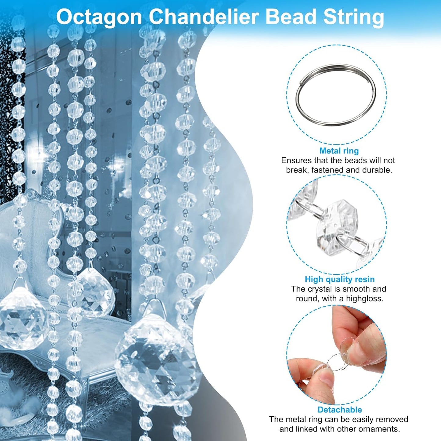 PATIKIL 14 mm Crystal Garland Strands, 98.4 Ft Acrylic Octagon Chandelier Bead Chains String for DIY Craft Wedding Party Home Decorative Jewelry Making, Clear