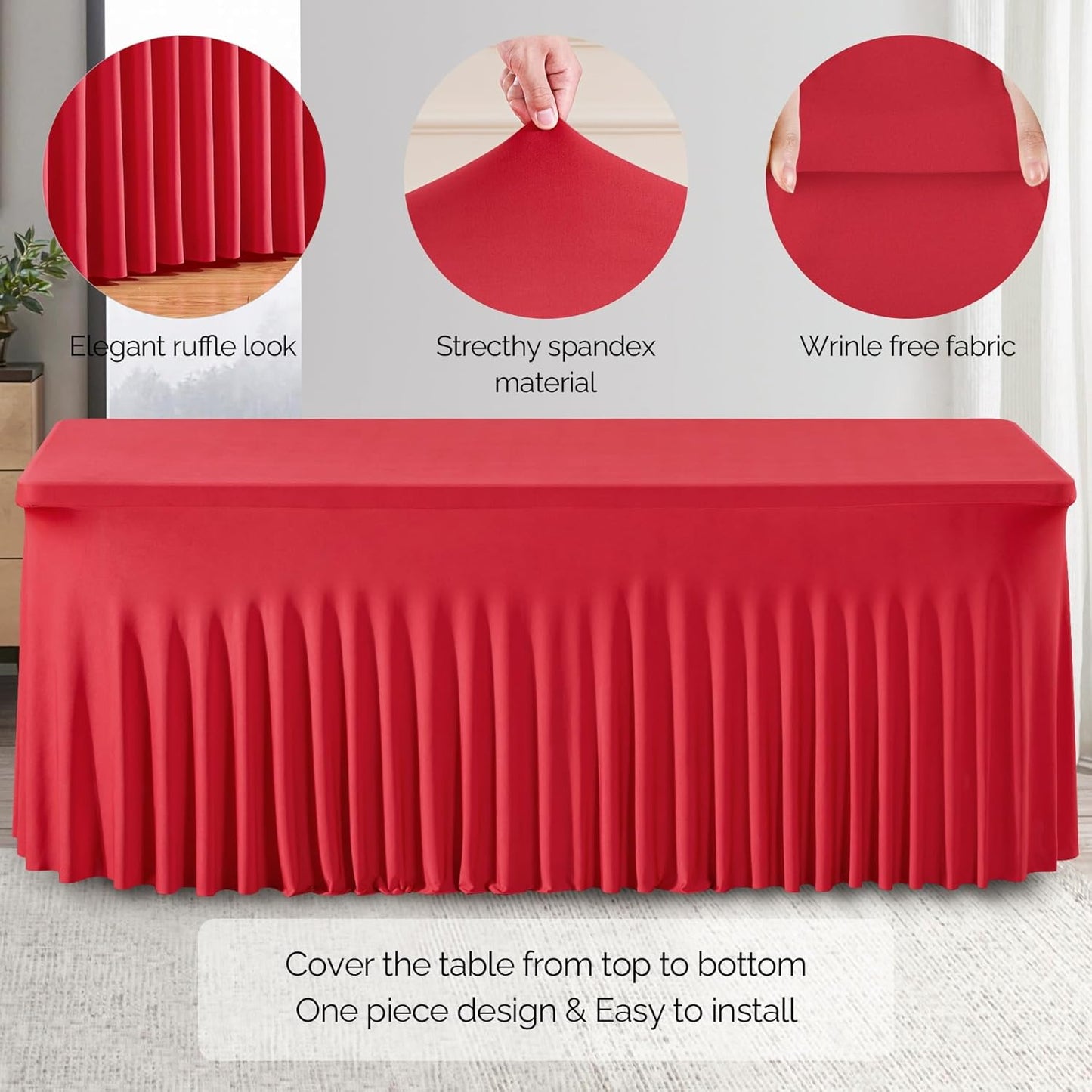 Wish Care 2 Pack Red Spandex Table Clothes for 6 Foot Rectangle Tables, 6FT Wrinkle Free Fitted Tablecloths Ruffles Design Table Cover for Party, Banquet, Wedding and Events