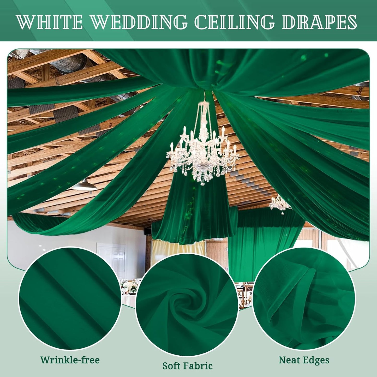 6 Panels Emerald Green Ceiling Drapes for Wedding 5ftx20ft Chiffon Fabric Arch Draping Curtains Sheer Drapery for Party Ceremony Birthday Baby Shower Reception Stage Swag Ceiling Decorations