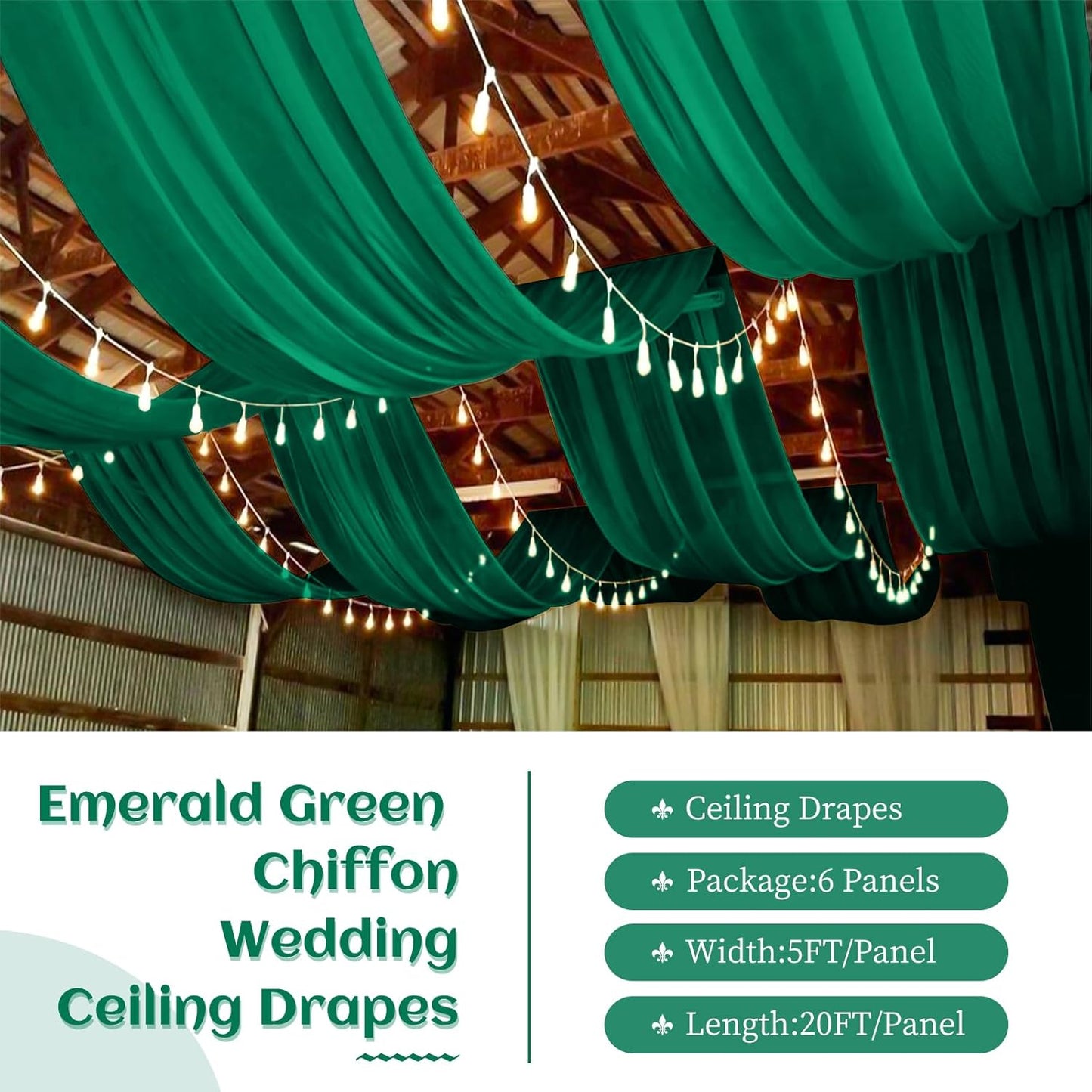6 Panels Emerald Green Wedding Ceiling Drapes 5ftx20ft Ceiling Drapes Chiffon Fabric Arch Draping Sheer Curtains Soft Drapery Draping Wedding Ceiling Decorations for Party Ceremony Stage Swag