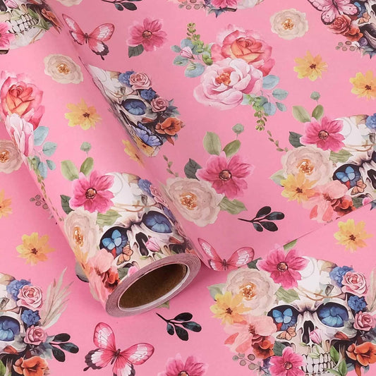 Aimyoo Gothic Wrapping Paper Roll, 17 Inch X 33 Feet Skull Floral Butterfly Design Gift Wrap Paper for Mother's Day, Birthday Bridal Shower