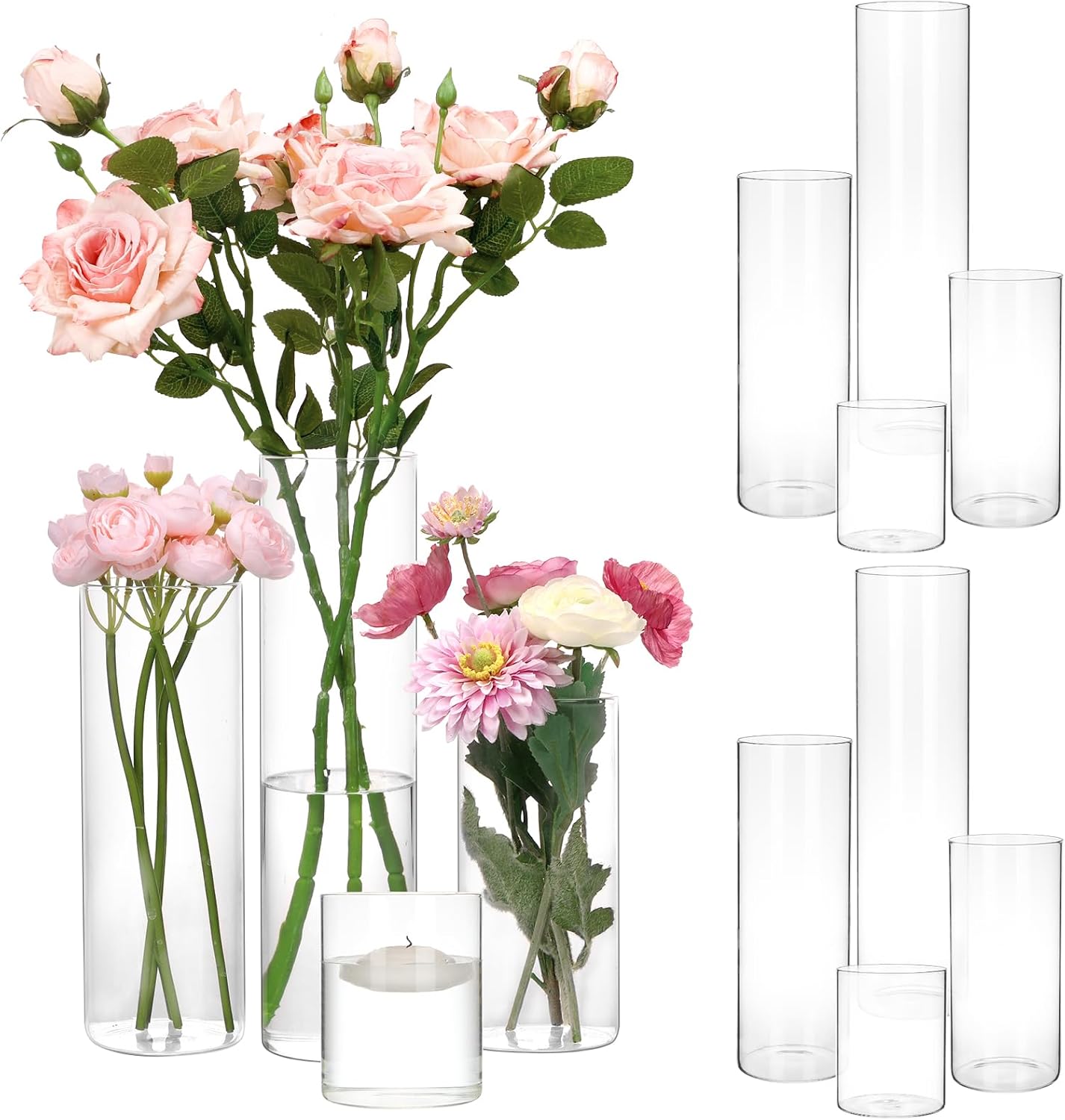 CEWOR 12pcs Glass Cylinder Vase 4, 6.8, 9, 11.8 Inch Glass Candle Holder Clear Vases for Centerpieces Tall Flower Vase for Wedding Home Decor Party 4 Different Sizes