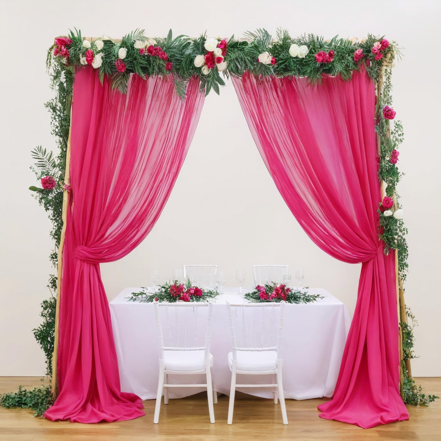 DUOBAO Elegant 20ft Hot Pink Chiffon Wedding Curtains - 6 Panels Sheer Drapes for Stage, Tent, and Photo Backdrops