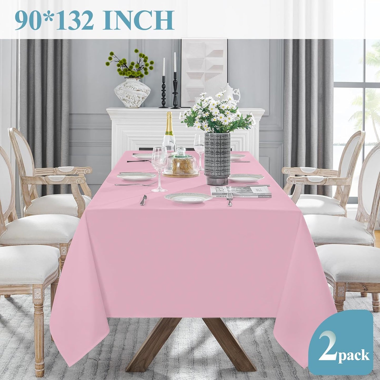VidaFete 2 Pack 90 * 132inch Rectangle Table Cloth Polyester, Stain Wrinkle Resistant Polyester Dining Table Cover for Kitchen Dinning Party Wedding Rectangular Table Buffet Decoration(Pink)