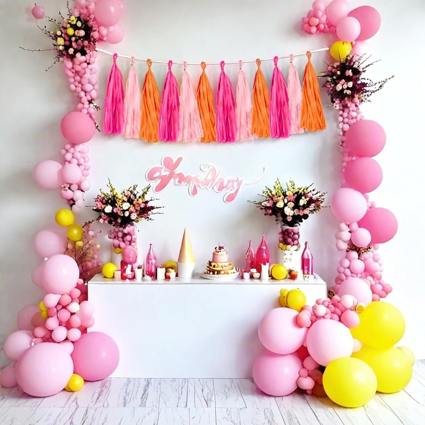 Rose red Pink and Orange Tassel Garland Banner Paper Tassels for Party Decorations,Pack of 15