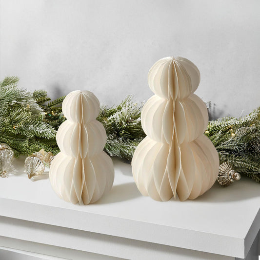 LampLust Snowman Decor, 2 Pack White Honeycomb Paper Snowmen, 6 & 8 Inch, Winter Wonderland & Enchanted Forest Decorations Indoor, Home Mantle Decor, Centerpiece Table Decorations