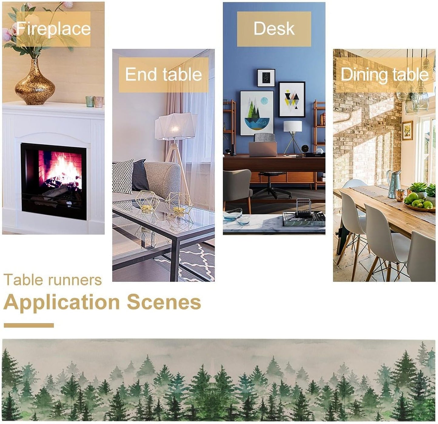 Foggy Forest Table Runner,Green Forest Natural Landscape Table Runner for Kitchen Dining Table Home Party Decoration 13x90 Inch