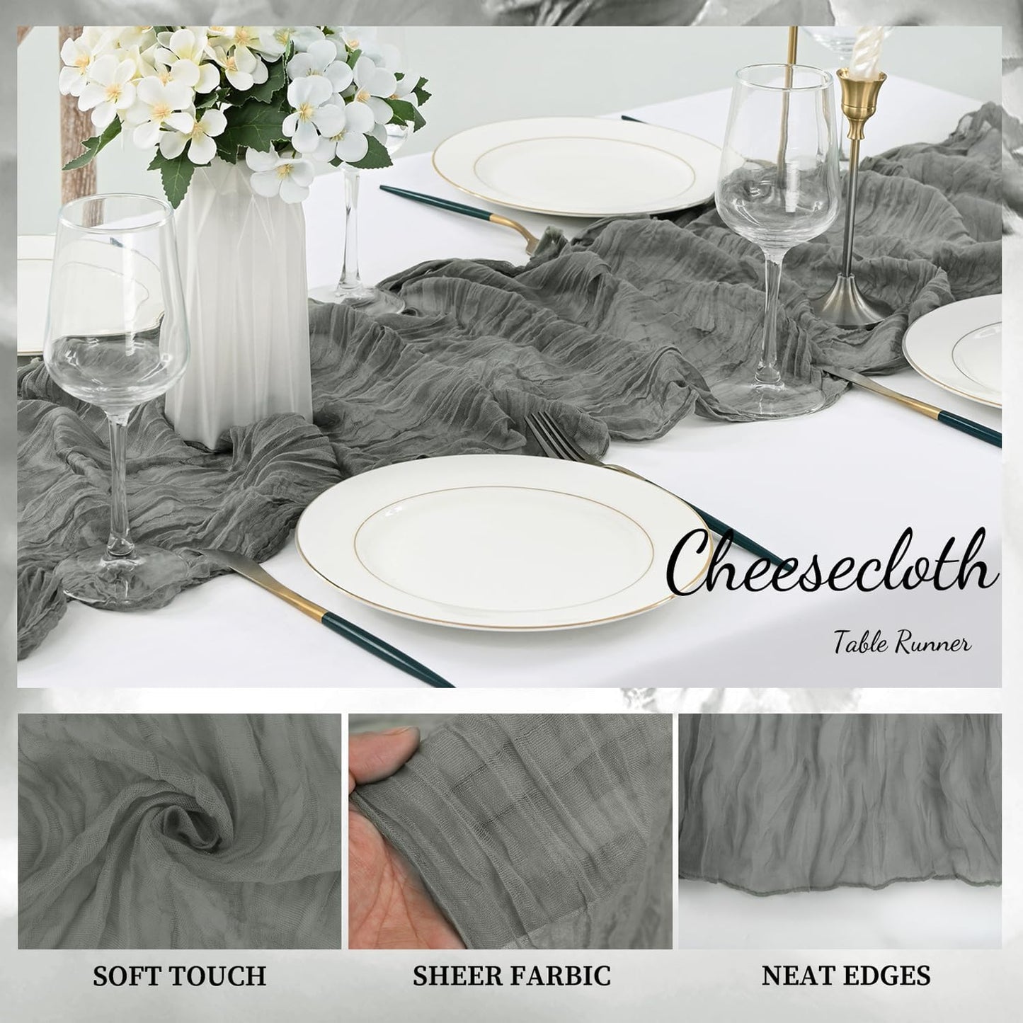 6 Pack Gray 10FT Cheesecloth Table Runner Rustic Gauze Fabric Cheese Cloth Table Runner for Wedding Bridal Baby Shower Table Decor 20 x 120 Inch Long Boho Sheer Birthday Party Table Decorations