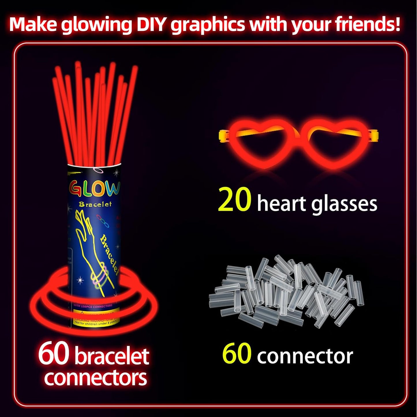 60 Pack 8” Red Glow Sticks Bulk Bright Glow Sticks with 60 Connectors 20 Heart Glasses Glow In The Dark Party Supplies Neon Party Decorations Glow Bracelet Glasses for Holiday Carnival(Red)