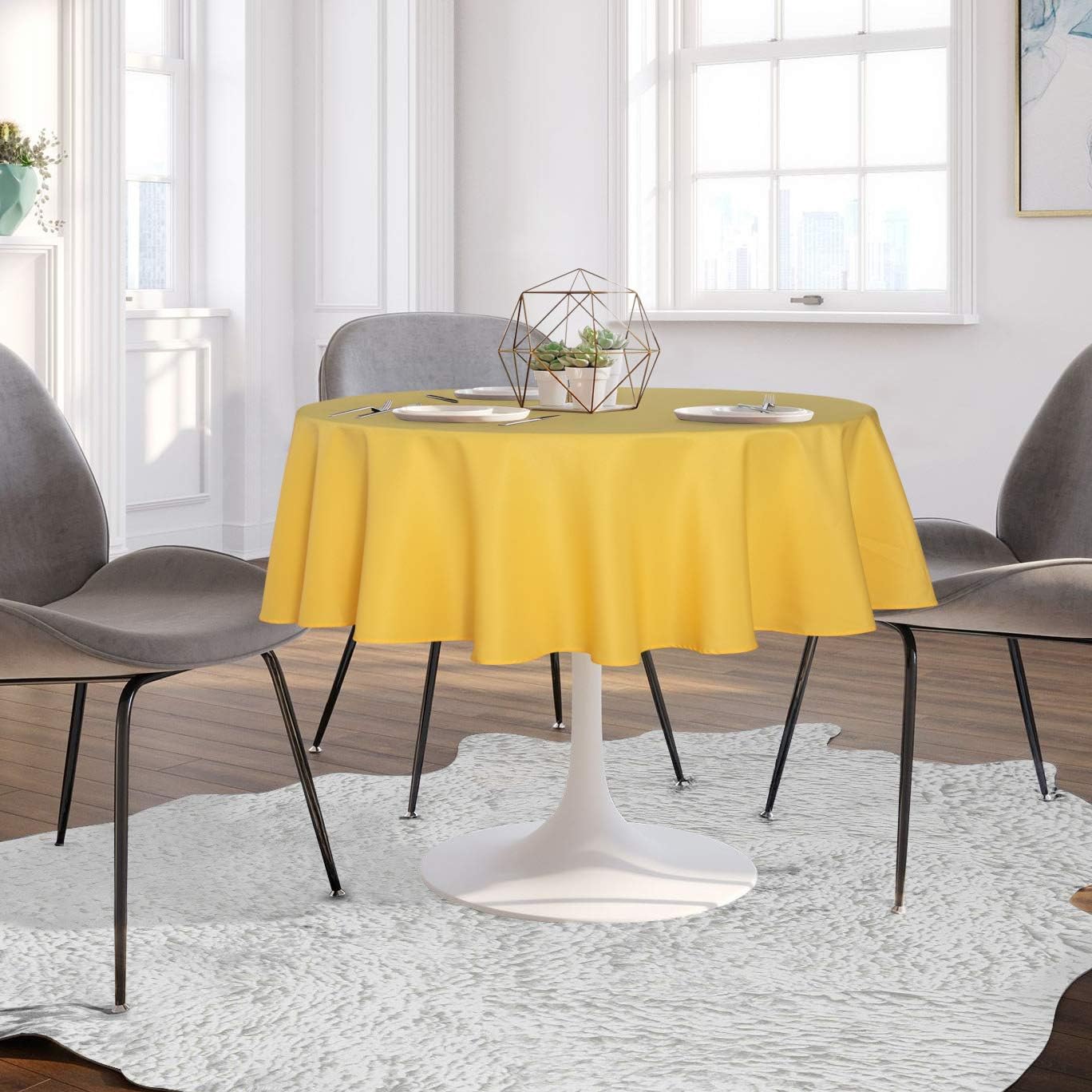 sancua Round Tablecloth - 60 Inch - Water Resistant Spill Proof Washable Polyester Table Cloth Decorative Fabric Table Cover for Dining Tables, Buffet Parties and Camping, Yellow