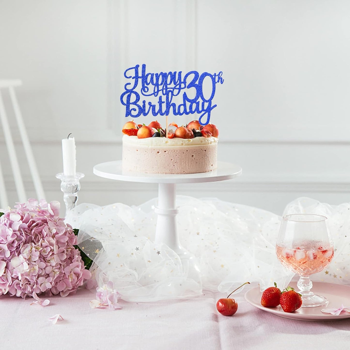 1 PCS Happy 30th Birthday Cake Topper Glitter Cheers to 30 Years Birthday Cake Pick 30 Fabulous Cake Decoration for Happy 30th Birthday Anniversary Party Decorations Supplies Blue