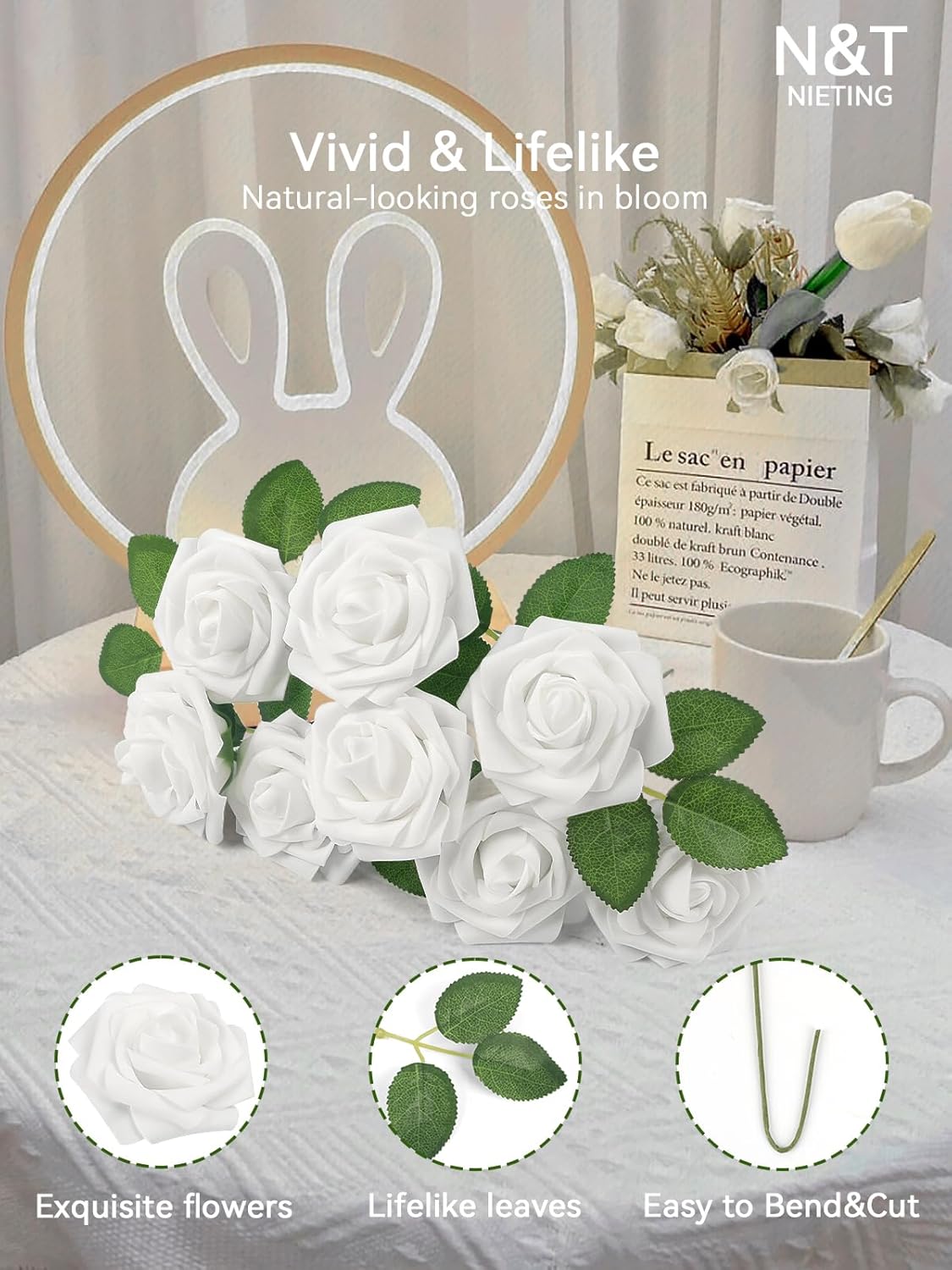 N&T NIETING Artificial Flowers 50pcs Real Touch White Flowers Artificial Roses for Decoration for DIY Wedding Bouquets Bridal Centerpieces Floral Shower Party Tables Home Arrangement