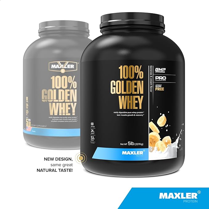 Maxler 100% Golden Whey Protein - 24g of Protein per Serving - Premium Whey Protein Powder for Pre Post Workout - Fast-Absorbing Whey Concentrate, Isolate & Hydrolysate Blend - Bananas & Cream 5 lb