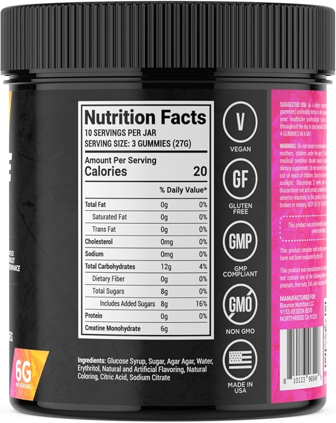 Bounce Pro Creatine Monohydrate Gummies for Men & Women, Low Calorie, 6G of Creatine per Serving, Vegan, Anti-Melting, Gluten-Free, Non-GMO, 2g of Creatine per Gummy (30ct, Peach Rings)