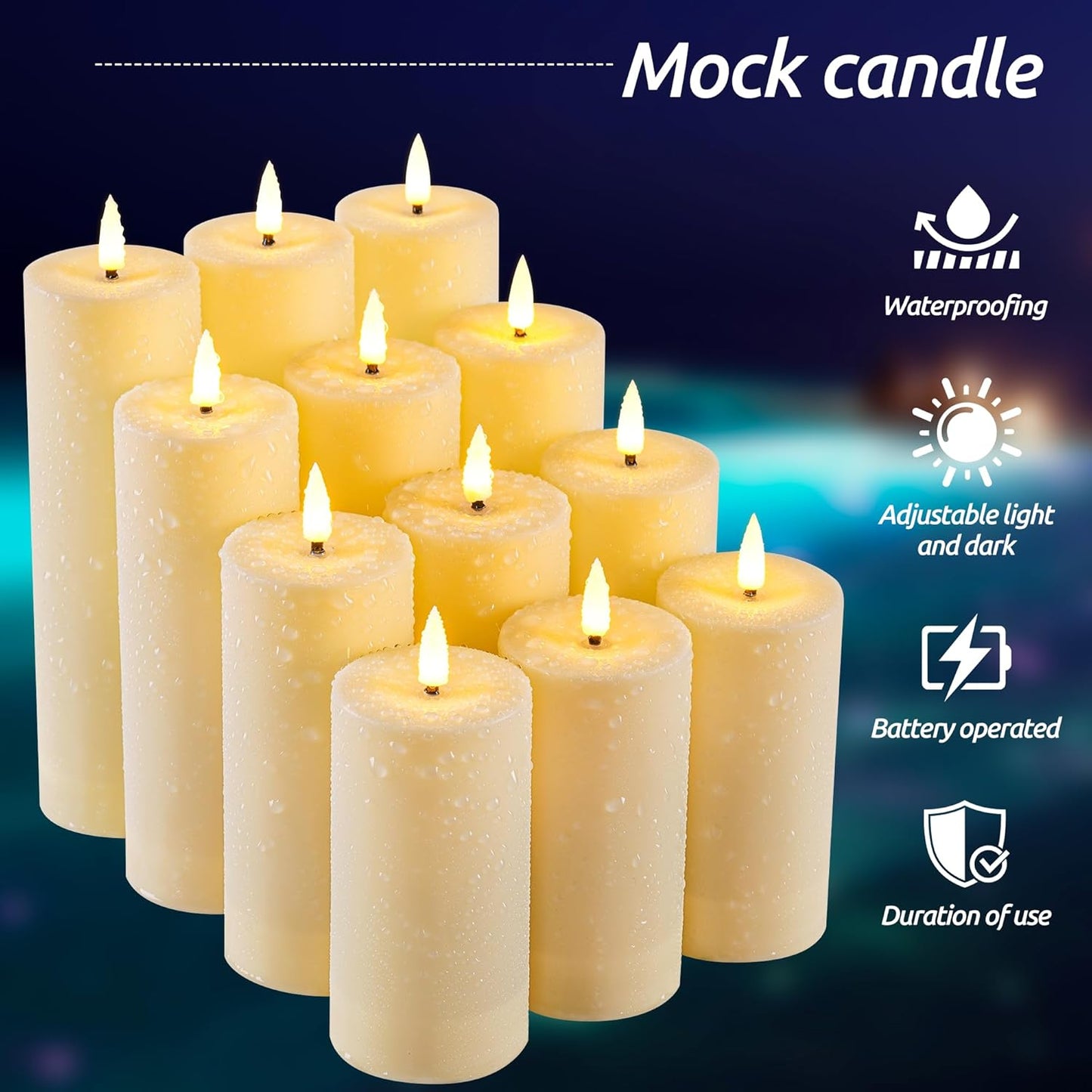 Da by 12 Pack Outdoor Waterproof LED Flameless Candles with Remote Control Timer, Realistic Flickering LED Pillar Candles for Wedding, Festival, Outdoor & Home Decoration-D 3'' H 4'' 5'' 6''7''