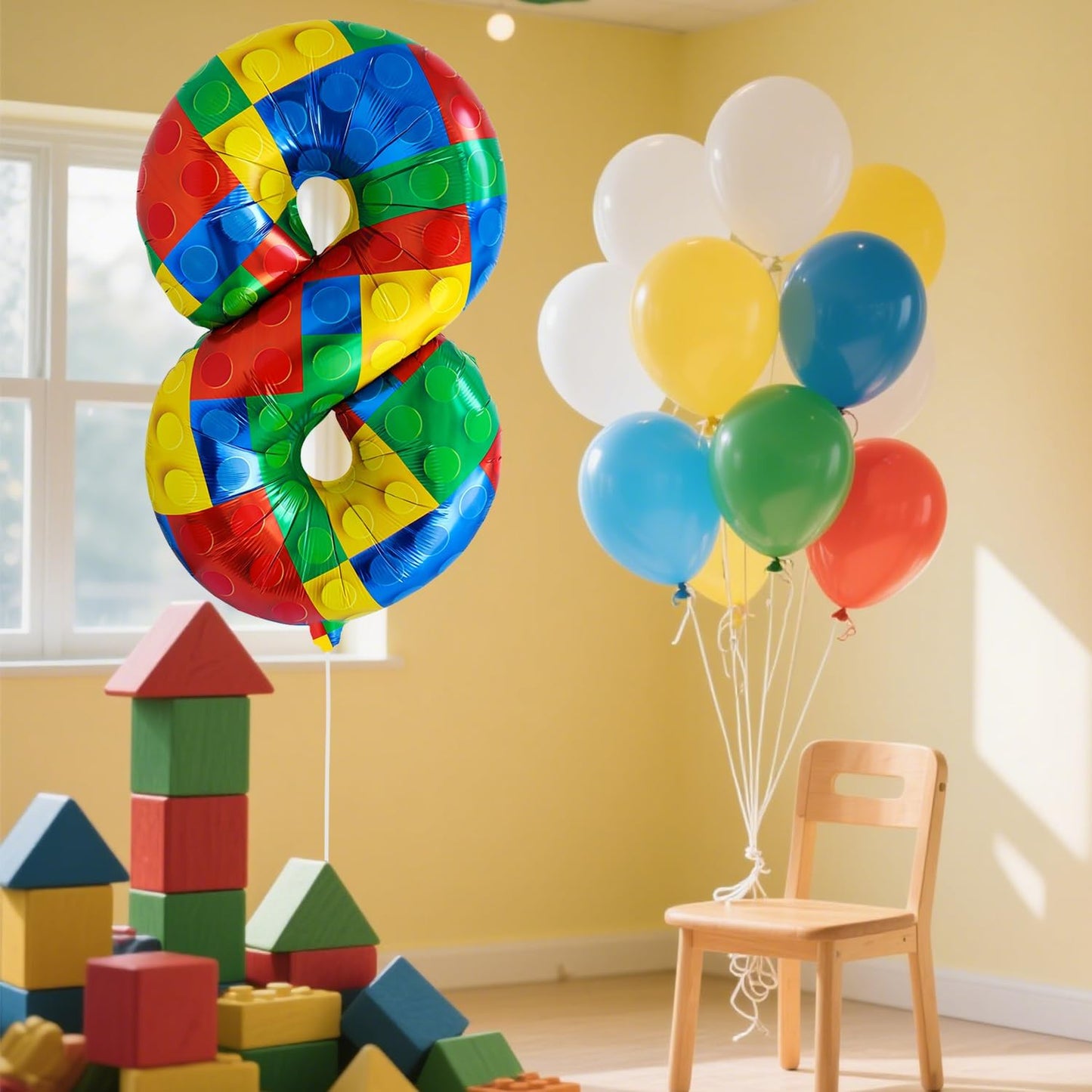 32 Inch Stackable Block Number Balloon – Colorful Brick Building Themed Big Helium Digits for Kids Birthday Party Decorations (Building Block, Number 8)