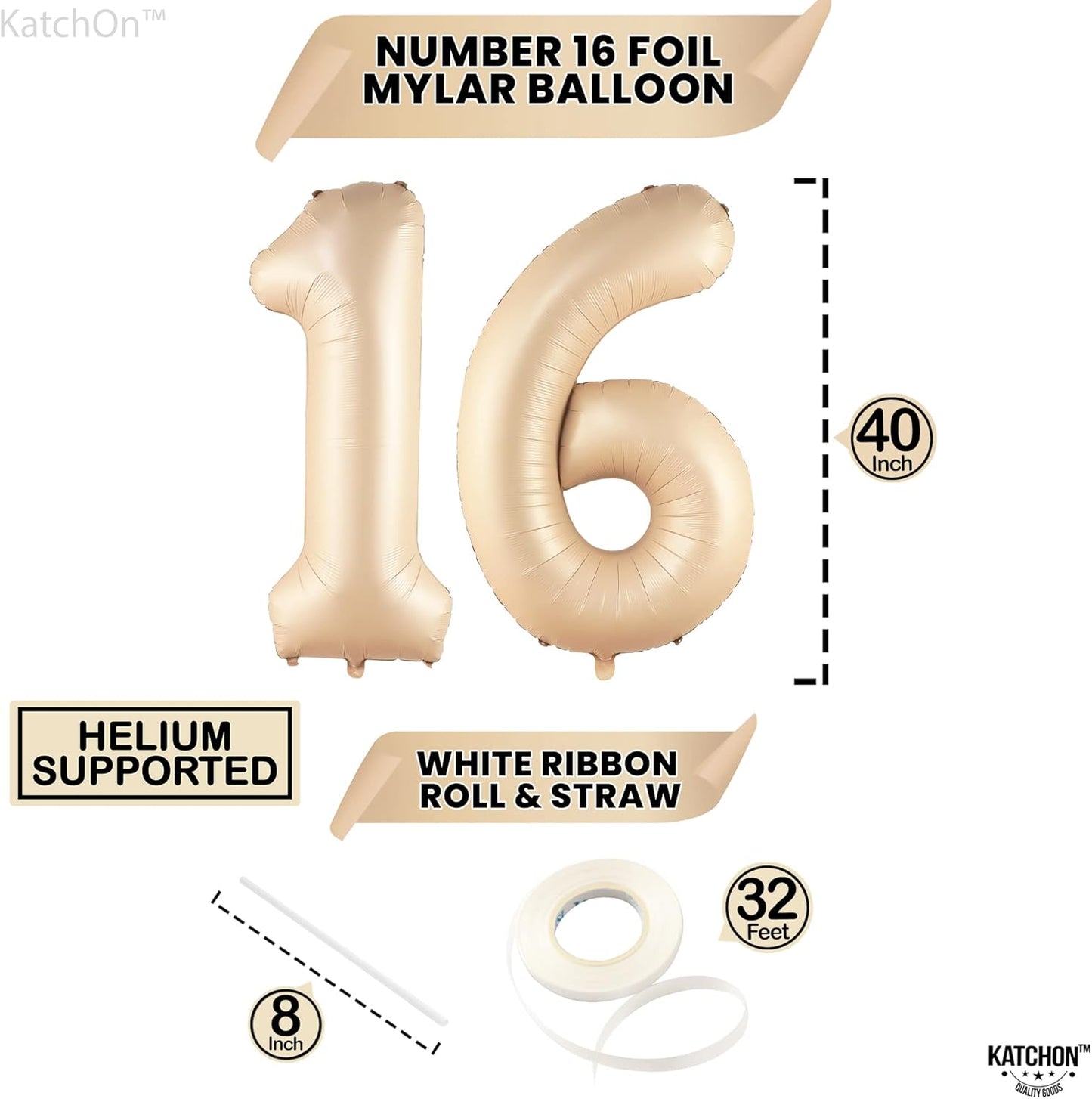 KatchOn, Giant Caramel 16 Balloon Numbers - 40 Inch | Sweet 16 Party Decorations | 16th Birthday Decorations for Party | Cream Number 16 Balloons | Sweet 16 Balloons, Sweet 16 Birthday Decorations