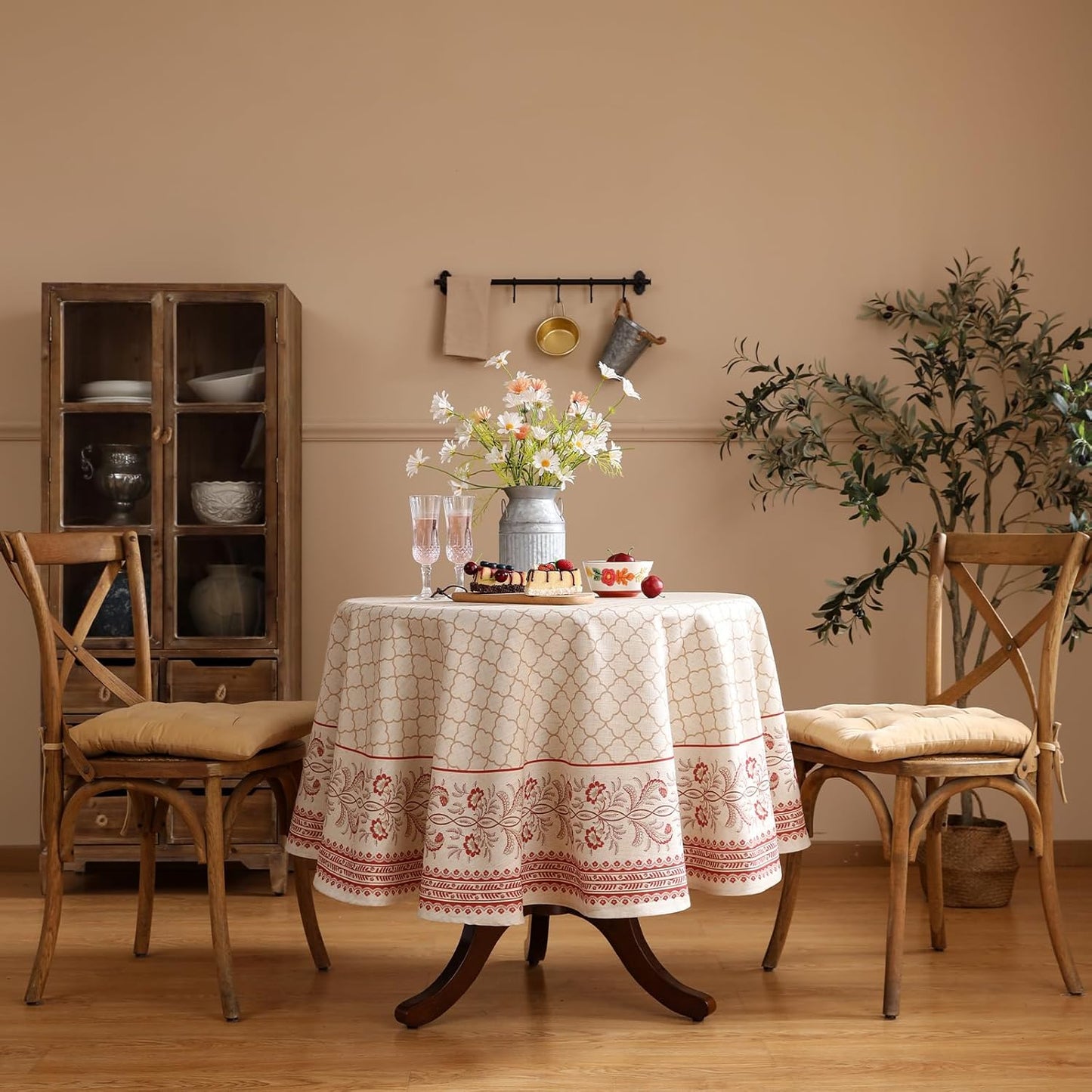 ISAENNE Designer Linen Floral Small Round Tablecloth,Pale Yellow Farmhouse Indoor Table Cloth,Durable Decor Tablecloths for Dining Kitchen Thanksgiving Christmas,Diameter 55"-Chamonix A