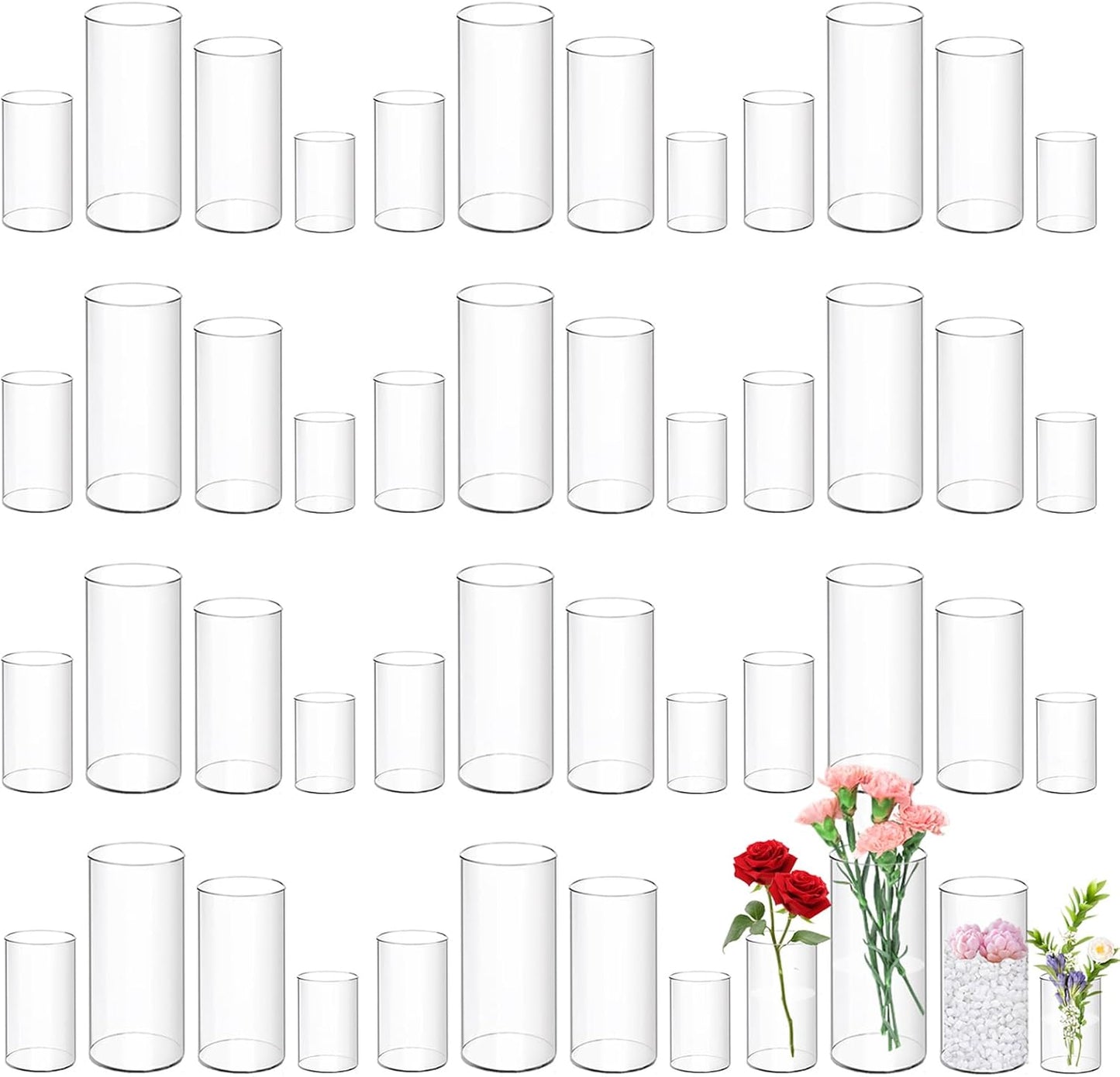 48 Pack Plastic Cylinder Vases, 4 6 8 10 Inch Tall Acrylic Cylinder Clear Flower Vase Set Bulk Glass Like Large Round Plastic Vases for Centerpiece Wedding Home Office (48)