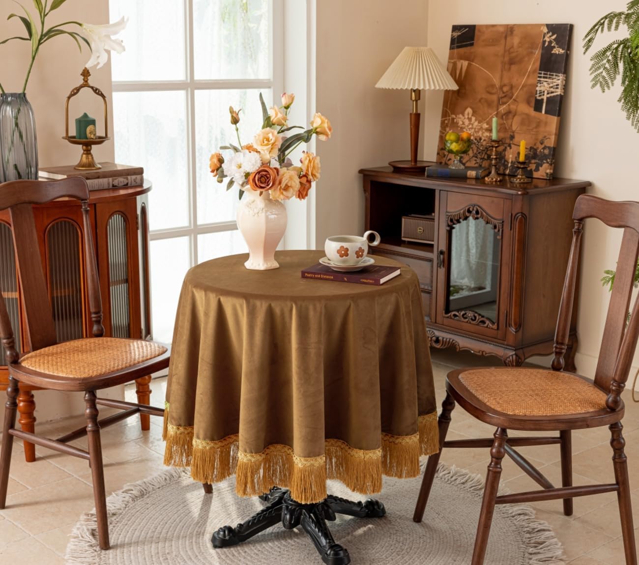 F-CHU Luxury Camel Tablecloth Thickset Velvet Tablecloth with Beautiful Gold Tassels Vintage Table Cloth for Home Decor Wedding, Party, Banquet and Events 60" Round