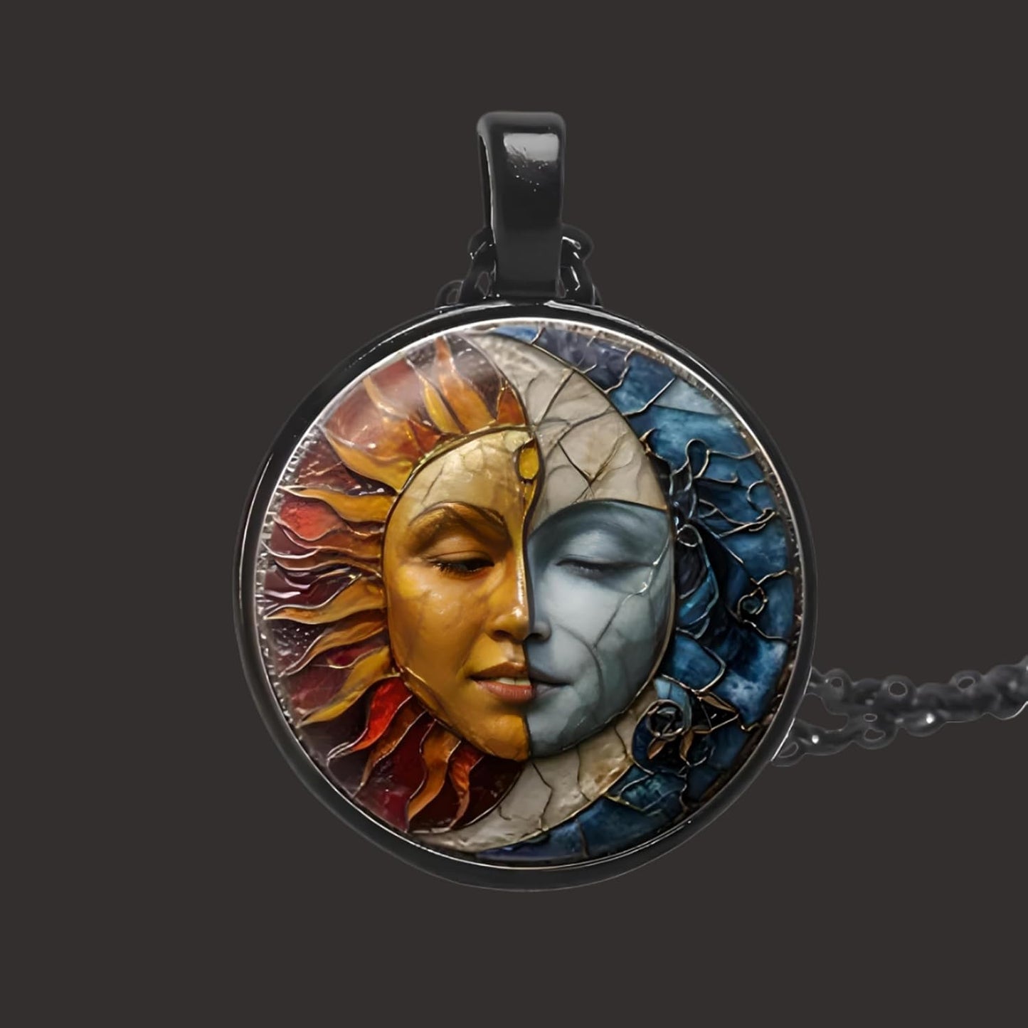 1pc Stunning Round Pendant Necklace - Unique Sun & Moon Pattern, Oil Painting Style Glass Mosaic, Alloy Construction, Trendy Sweater Chain, Fashionable Gift for Women - Christmas or Birthday Gift