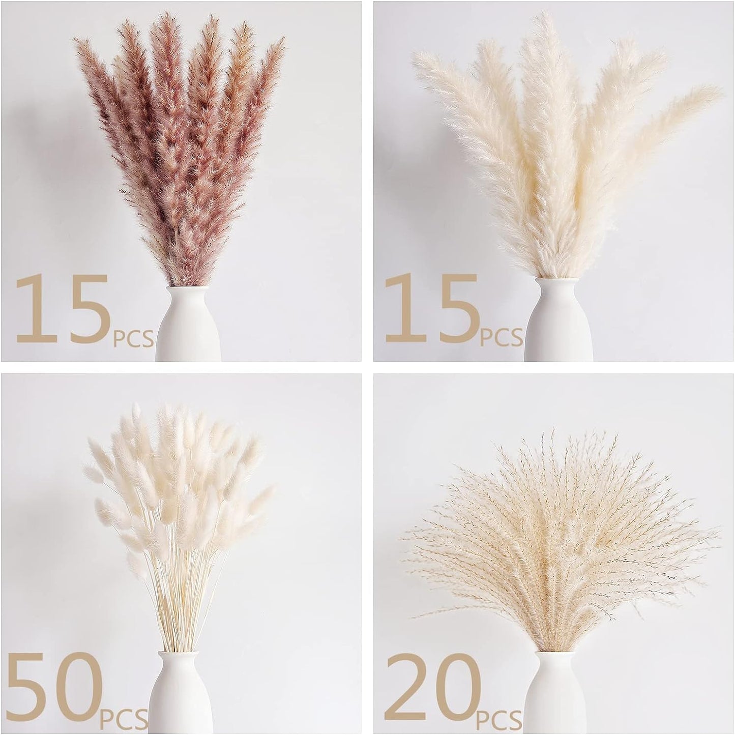 Natural Dried Pampas Grass Decor, 100 PCS Pampas Grass Contains White Bunny Tails Dried Flowers, Reed Grass Bouquet for Wedding Boho Flowers Home Table Decor, Rustic Farmhouse Party (17”)