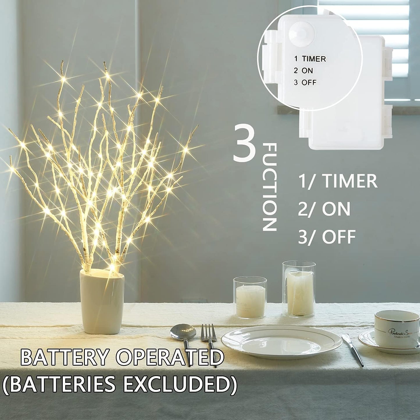 Fudios Lighted Birch Branches 18IN 70 White Willow LED with Timer Battery Operated for Christmas Party Wedding Decoration Twig Lights Outdoor