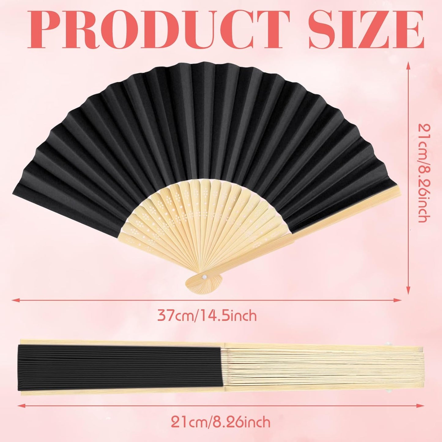 48 Pieces Black Hand Held Bamboo Folding Fans Paper Fans Handheld for Women Foldable Girls Wedding Decoration Church Home Party Favors Summer