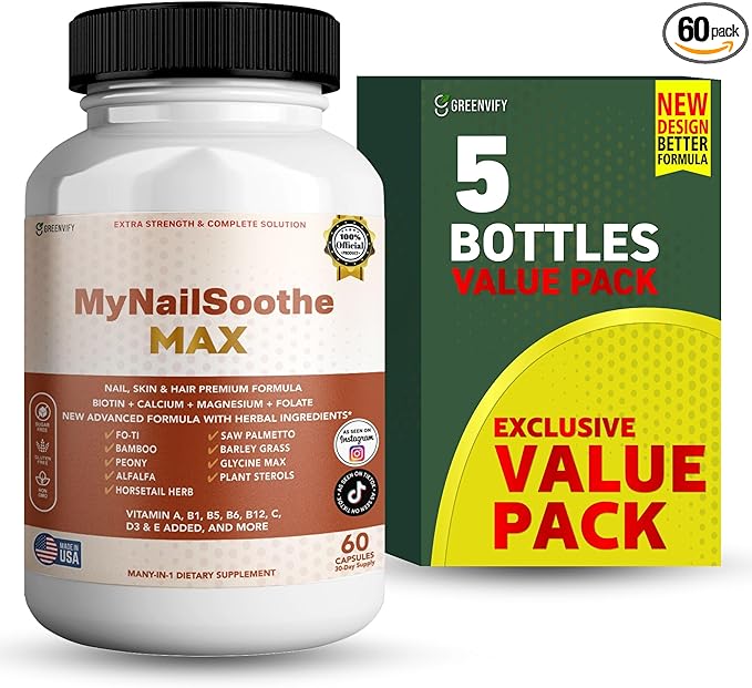 MyNailSoothe MAX Hair, Skin & Nail Supplement, 60 Capsules, with Biotin 5000mcg, Vitamins, Minerals & Herbal Blend (5)