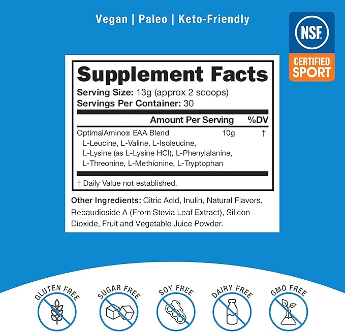 OptimalAmino® Best Pre/Post Workout Recovery Drink, 99% Utilization Essential Amino Acid Supplement, NSF Certified for Sport® Certified
