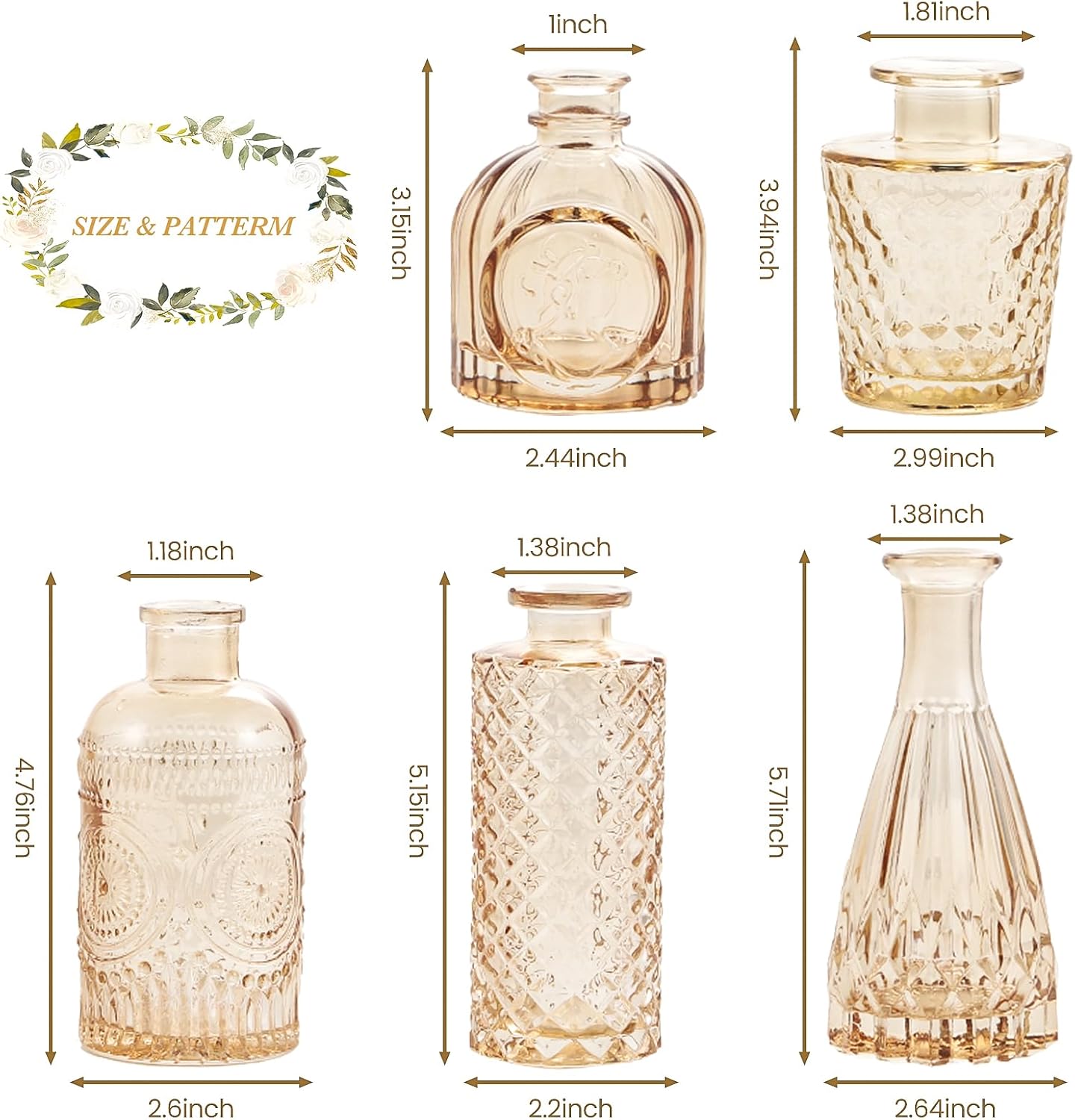 Amber Glass Bud Vases Set of 5, Gold Flower Vase for Centerpieces, Small Clear Vases in Bulk for Wedding Decorations, Vintage Vase for Table, Recepetion, Home Décor