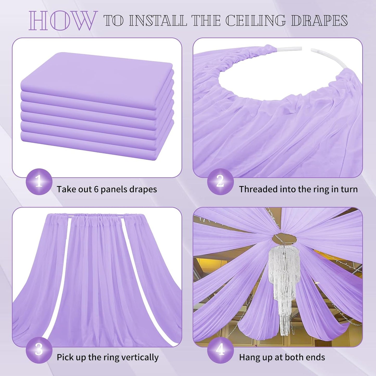 6 Panels Lavender Ceiling Drapes for Wedding 5ftx10ft Chiffon Fabric Arch Draping Curtains Sheer Drapery for Party Ceremony Birthday Baby Shower Reception Stage Swag Ceiling Decorations