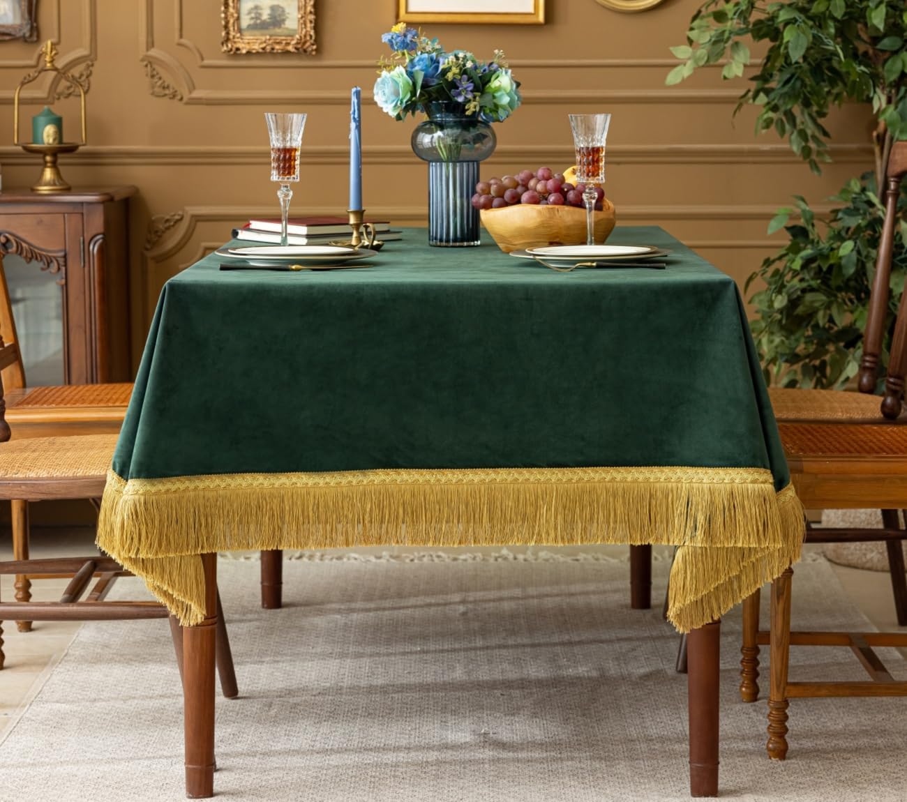 F-CHU Luxury Green Tablecloth Thickset Velvet Tablecloth with Beautiful Gold Tassels Table Cloth for Home Decor Wedding, Party, Banquet and Events 60x120-Inch