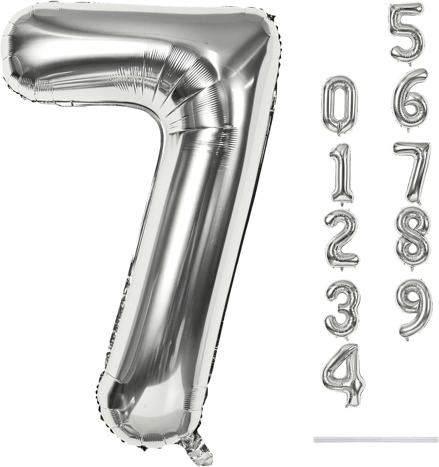 40'' Silver Number 7 Balloons, Self Inflating Foil Number Balloons Set 0-9 for Women Men, Large Digital 7 Helium Balloon for Girls Boys 7th Birthday Party New Year Decorations Anniversary Supplies