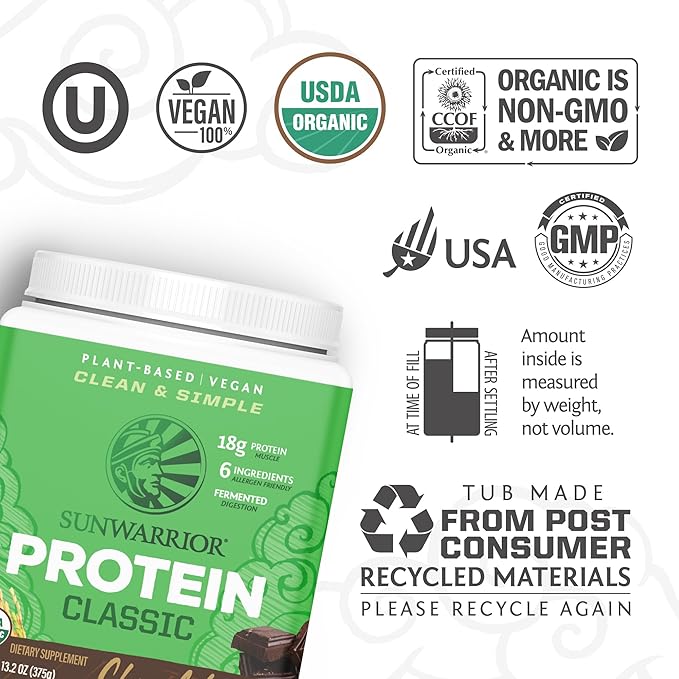 Brown Rice Protein Powder with Bcaa & Amino Acids Raw Rice Protein Shake Gluten Free Low Carb Dairy Free | Plant Based Classic Sprouted Brown Rice Protein Powder Chocolate 375g by Sunwarrior