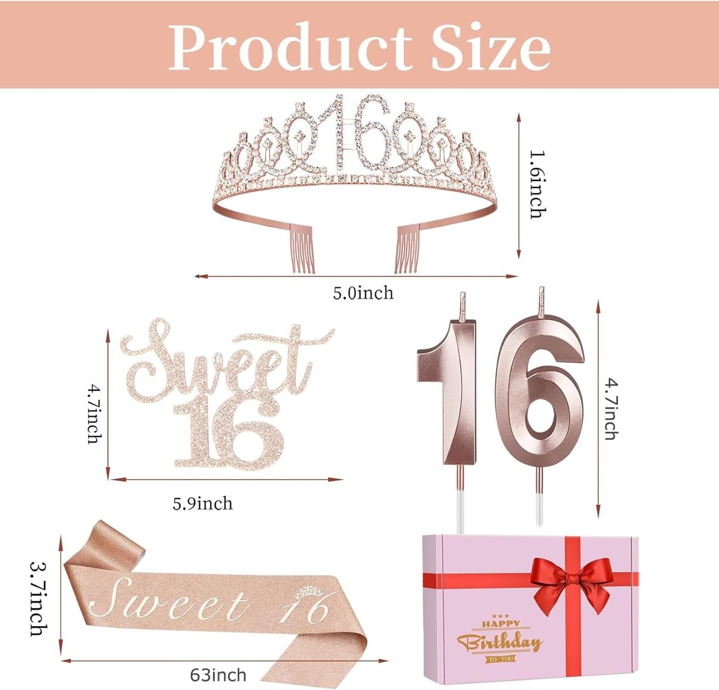 Sweet 16 Party Decorations for Girls Including Sash and Tiara, Cake Topper and Candles, 16th Birthday Decorations for Girls, Sweet Birthday Gifts Party Favor Supplies
