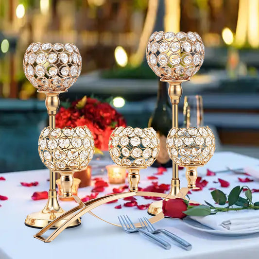 Vincigant Gold Crystal Candle Holders Set of 8 with 4Sets Crystal Candelabra 3 Arm Candlesticks Holder Table Centerpiece,Candelabra Centerpieces for Wedding Party Anniversary Home Living Room Decor