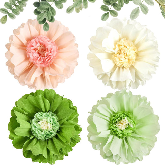 SUNBEAUTY 4 PCS 20" Sage Green Giant Paper Flowers Large Crepe Paper Tissue Flowers Artificial Decorations for Spring Summer Wall Backdrop Birthday Party Wedding Baby Shower Bridal Decorations