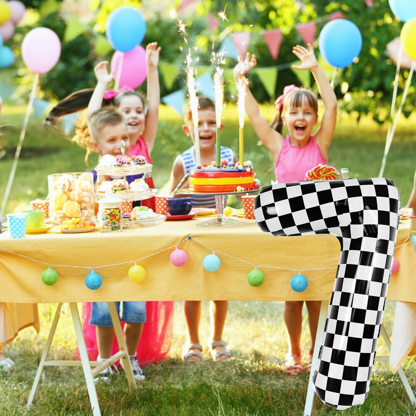40 Inch Checkered Number Balloon - Race Flag Pattern Big Helium Balloon for Birthday Party Decorations - Black & White Balloon for Kids Adults Party Supplies (Racing Car, Number 7)