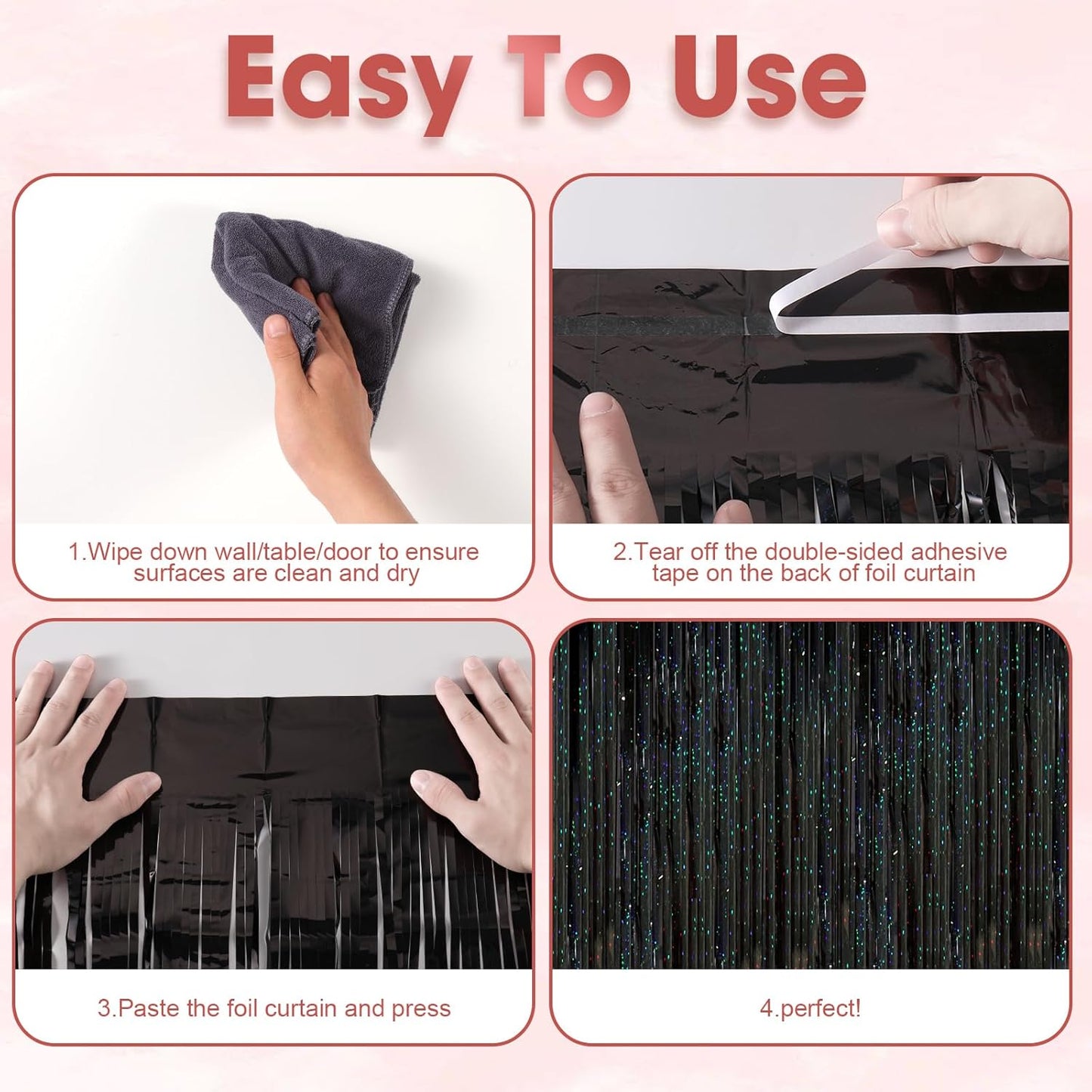 2 Pack Laser Black Tinsel Foil Fringe Curtains, Black Party Decorations, Metallic Tinsel Party Streamers Backdrop for Birthday Halloween Masquerade New Years Gatsby 1920s Party Decorations