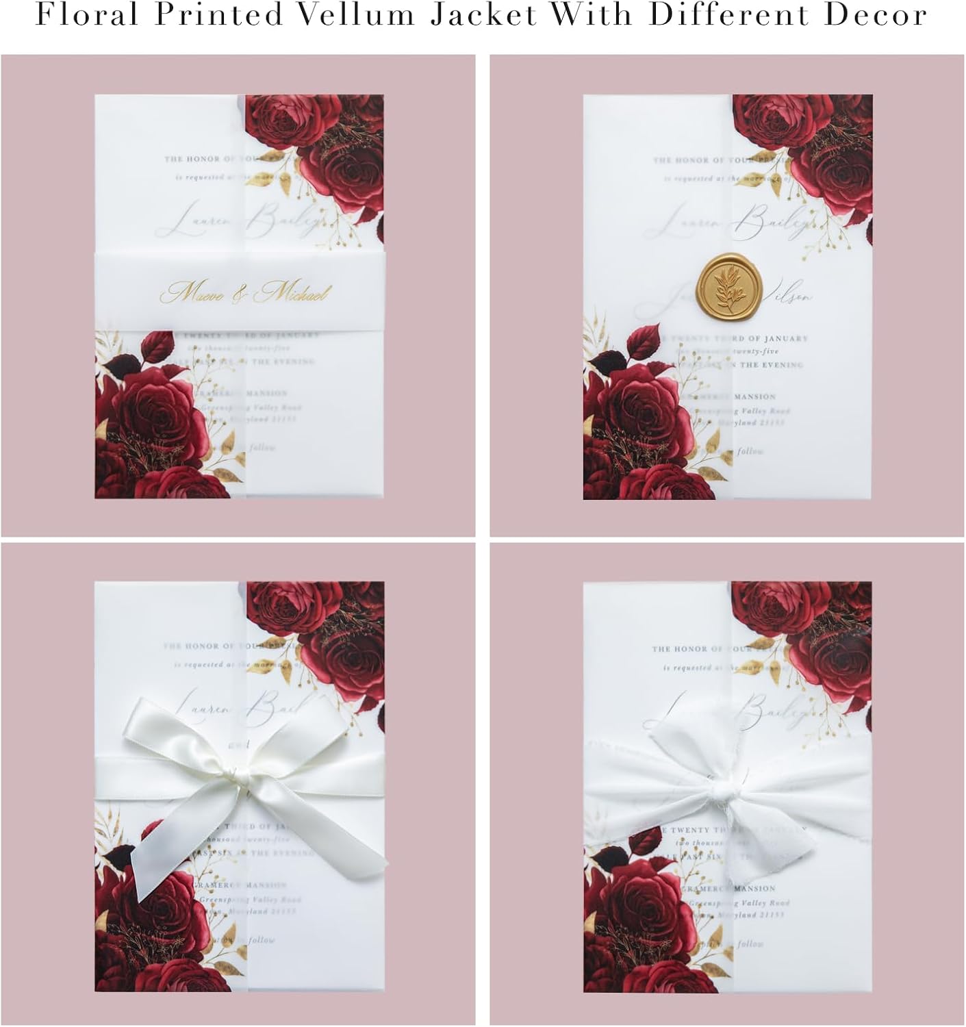 PONATIA 50 Pieces Vellum Jackets for 5x7 Invitation Cards - Red Flowers Printed Vellum Sleeves, Quinceanera Wedding Invitation Cards Wraps, Transparent Christmas Gift Cards Jackets