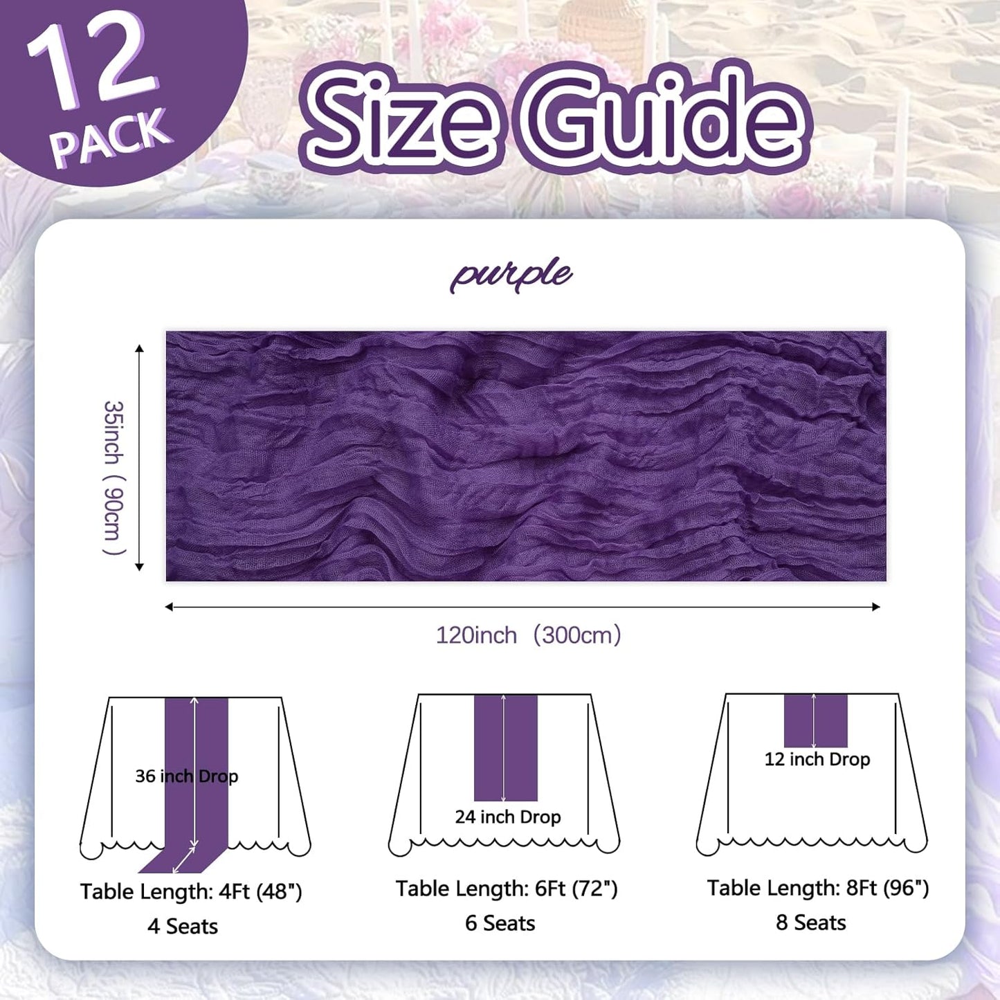 12 Pack Purple Cheesecloth Table Runner 10ft Boho Gauze Fabric Cheese Cloth Table Runner 35 x 120 Inch Rustic Sheer Runner for Romantic Wedding Decor Baby Shower Party Table Centerpiece Decoration