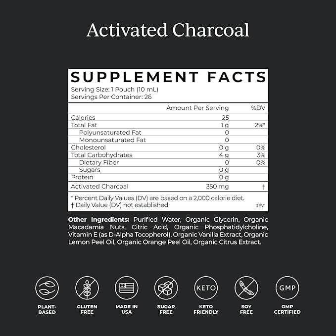 CYMBIOTIKA Activated Charcoal Liquid Supplement Packets from Coconuts for Bloating, Gut Health & Digestive Support, Helps Detox, Vitamin E, Lemon Cream Flavor, Vegan, 26 Pack
