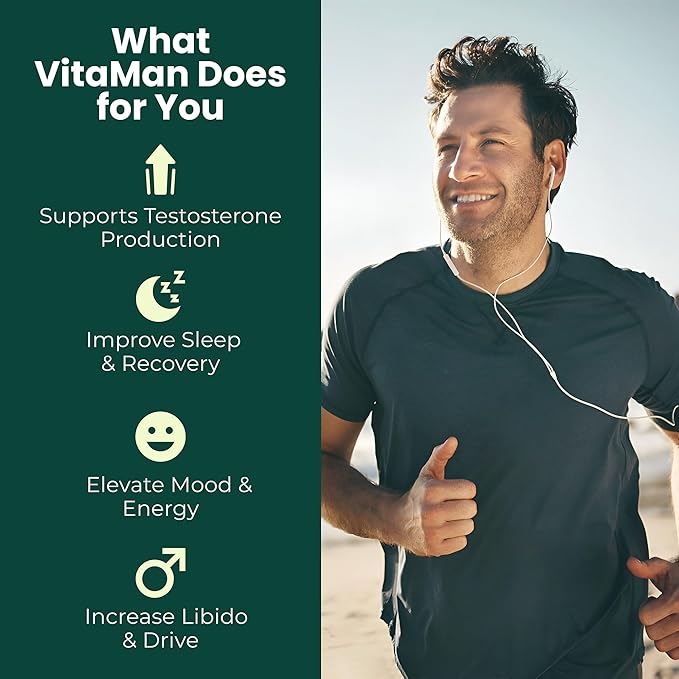 VitaMan Natural Testosterone Support with Tongkat Ali, Mucuna Pruriens, Black Galingale, 90 Capsules