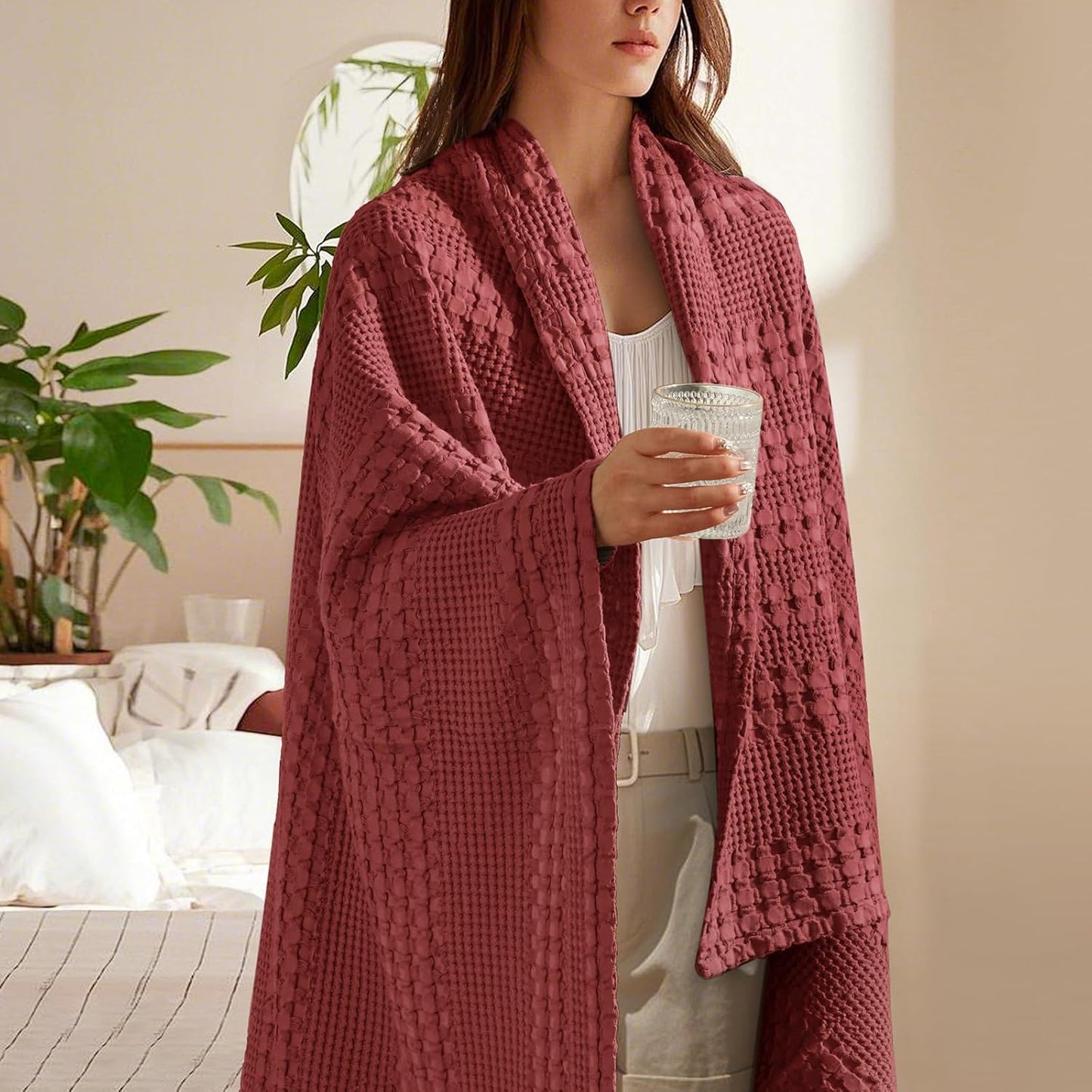 PHF 100% Cotton Waffle Weave Throw Blanket, Soft Lightweight Breathable Cozy Throws for Couch Bed Sofa, Luxury Aesthetic Woven Blanket for Home Decor & Office, 50"x60", Wine Red
