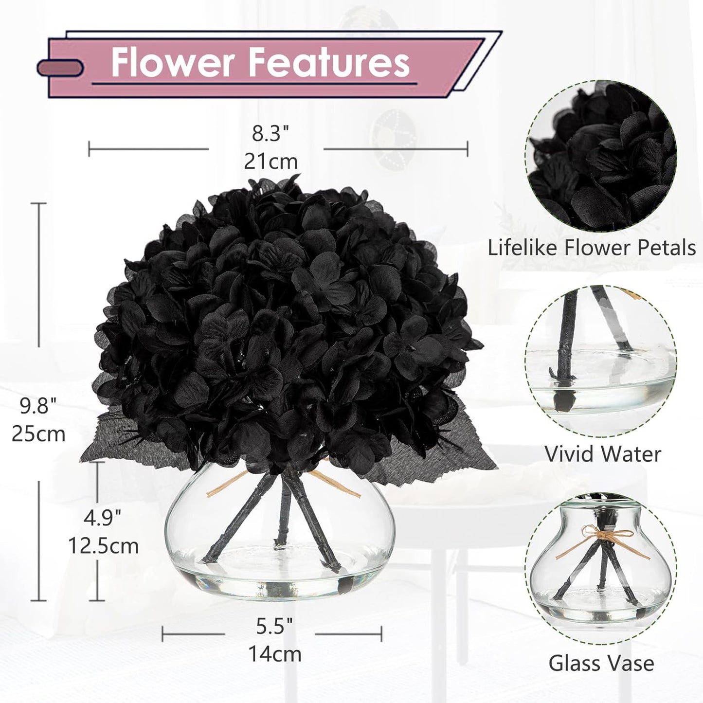 Hollyone Hydrangea Fall Flowers Artificial for Decoration with Glass Vase Black Silk Faux Flowers Arrangements in Vase with Faux Water Fake Floral Bouquet Table Centerpiece Halloween Home Decor