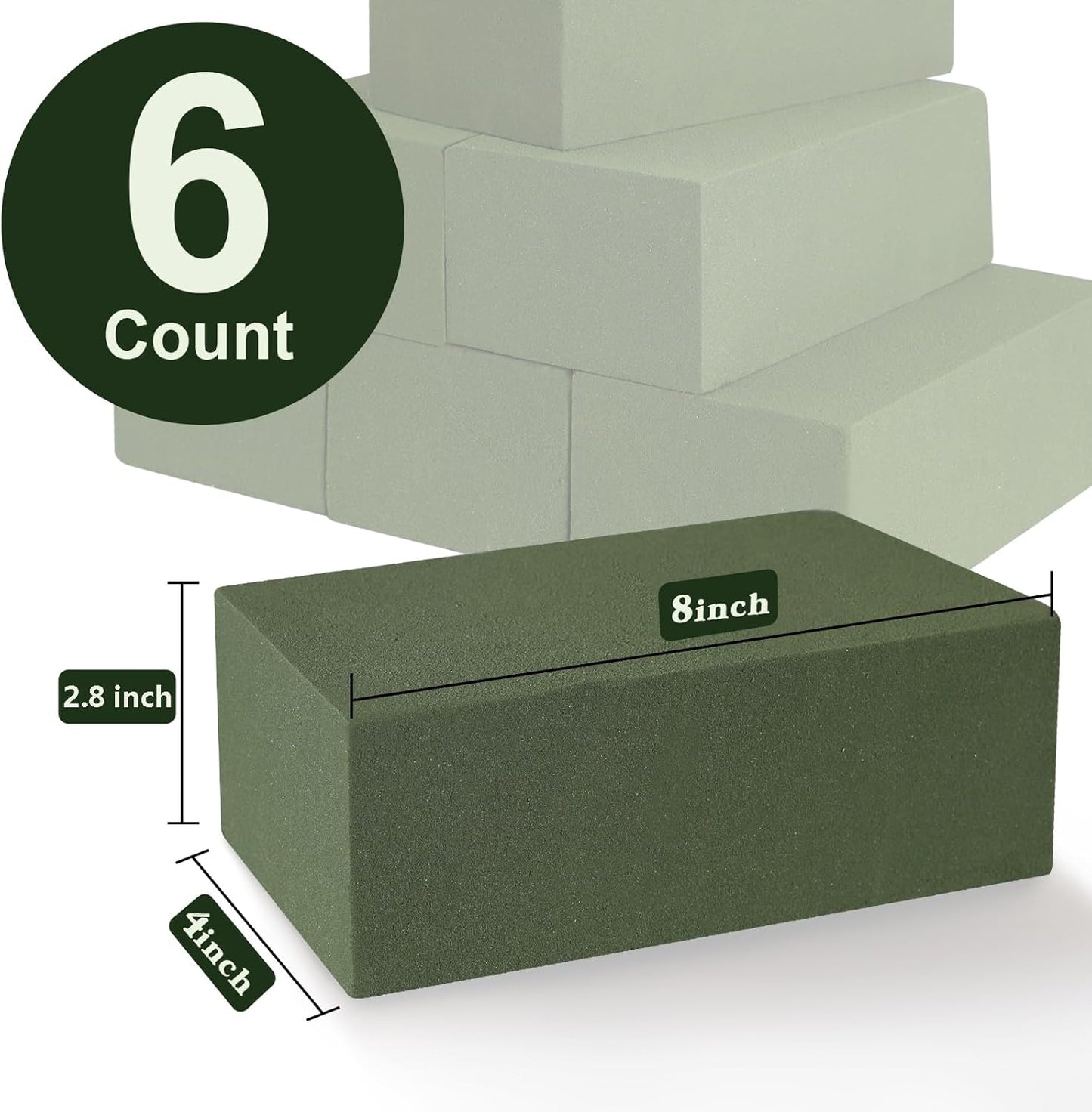 Floral Foam Blocks for Fresh and Artificial Flowers, 6 Pcs Each 8" L x 4" W x 2.8" H Wet and Dry Green Florist Foam for Weddings, Birthday Parties and Holiday Decorations