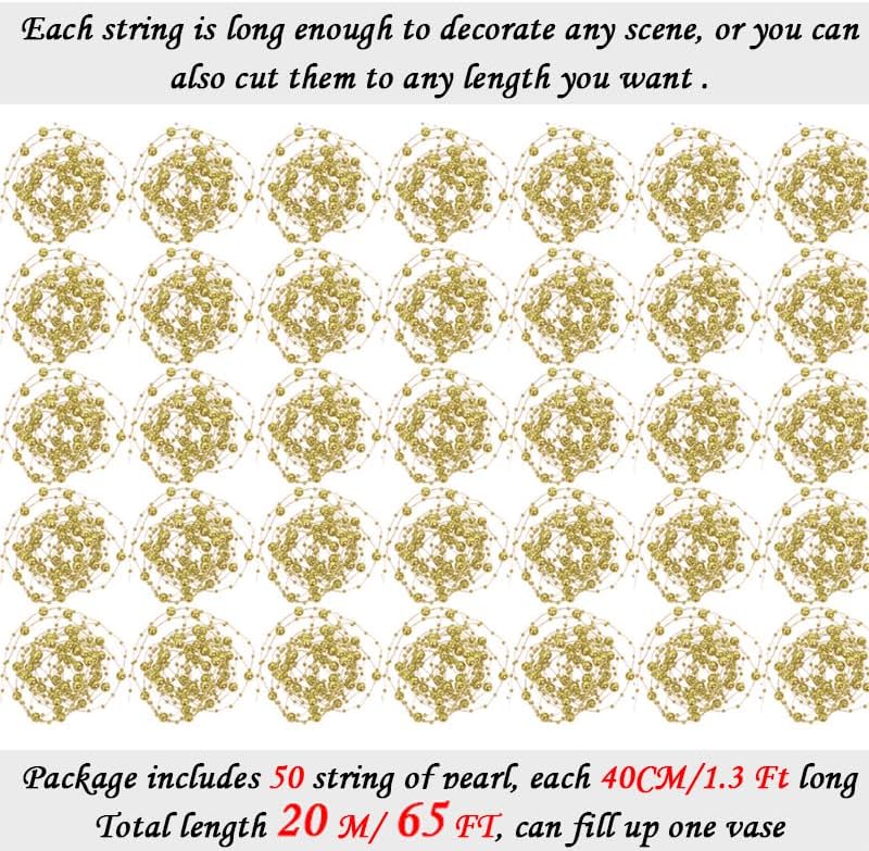50pcs Pearls String Beads of Pearls, 10+5mm Bright Gold Artificial Pearl String for Floating Candles Centerpieces, Vase Filler, Wedding Centerpiece Christmas Party Decor