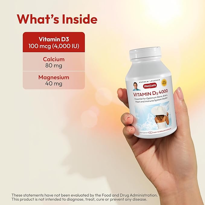 ANDREW LESSMAN Vitamin D3 4000 IU 360 Capsules - High Potency, Essential for Calcium Absorption, Supports Bone Health, Healthy Muscle Function, Immune System, More. Small Easy to Swallow Capsules